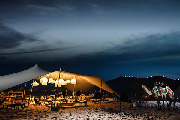 Bedouin camp setup in the Qatari desert under a starry sky