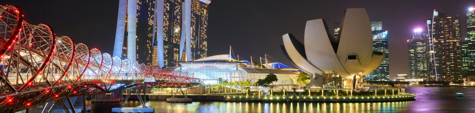 View from the bridge towards the ArtScience Museum and Helix Bridge Singapore