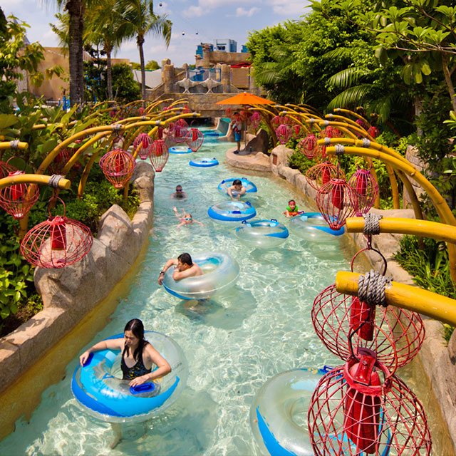 زوار يطفون على عوامات في Adventure River تحت أشجار نخيل  Adventure Cove Waterpark